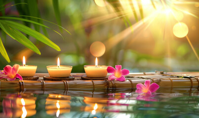 Three burning cosmetic candles on a bamboo stand, tropical flowers and leaves reflected in the water, sun rays, relaxation spa background