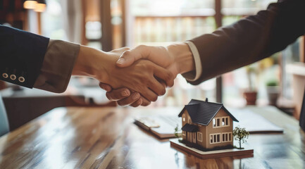 A real estate agent and his client shaking hands over an asset presentation of two houses on the table, with miniature models of both houses displayed next to them - Powered by Adobe