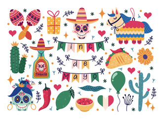 Cinco de Mayo vector set. Symbols of the Mexican holiday - festive garland, sugar skull, tequila and lime, cactus, pinata, maracas. Celebrating carnival, fiesta. Hand drawn doodles, cartoon clipart