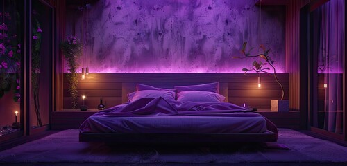 Intimate setting, jewel-toned bed, gently lit in warm ambiance with a touch of violet, against timeless minimalist architecture. - obrazy, fototapety, plakaty