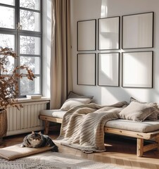 Mock-up frame set in modern beige home interior, Scandinavian style, 3D render. Made with generative AI technology