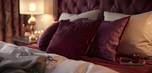 Nighttime luxury with a detailed burgundy pillow in high-definition - obrazy, fototapety, plakaty