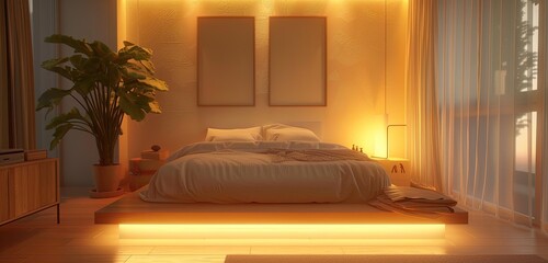 Peaceful ambiance, neutral-toned bed, softly lit in warm lighting, seamlessly blending with minimalist architecture. - obrazy, fototapety, plakaty