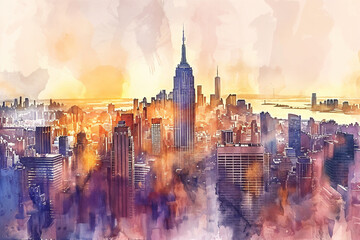 Fototapeta na wymiar Watercolor painting - New York NYC City, hazy style loose abstract painting