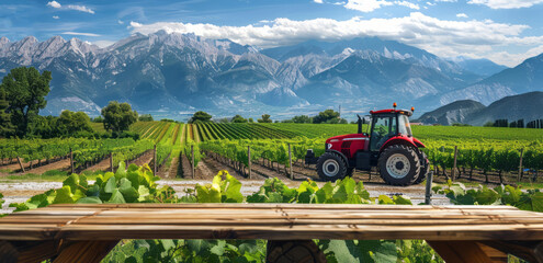 A red tractor against a backdrop of vineyards and mountains, with a wooden table for product...