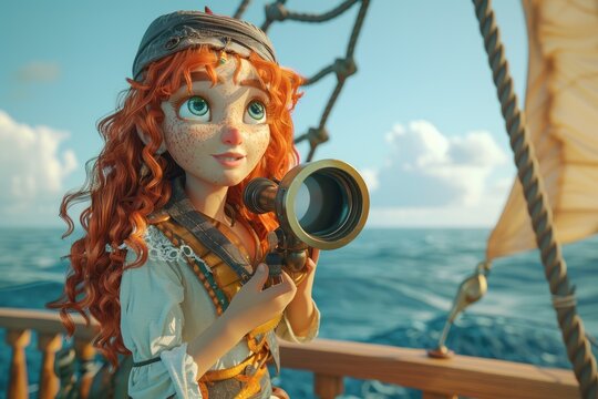 A girl with red hair is holding a camera and looking out at the ocean