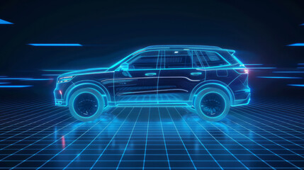 A blue digital hologram of a modern car appears on a grid background, with a glowing light effect and a black and blue color scheme.