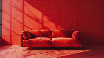 A small comfortable red sofa in a red room.