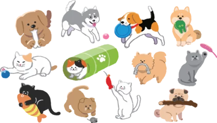 Foto op Plexiglas おもちゃで遊ぶ犬と猫のイラストセット © マメハル