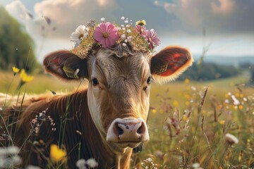 The cow with flowers on its head, wreath of flowers on the muzzle. 