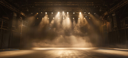 A large empty stage with spotlights shining down creates a dramatic and atmospheric effect.