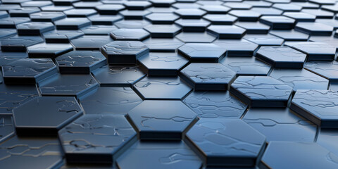 Obraz premium A dark blue backdrop features an abstract honeycomb pattern in shades of gray and silver, giving it a futuristic feel.