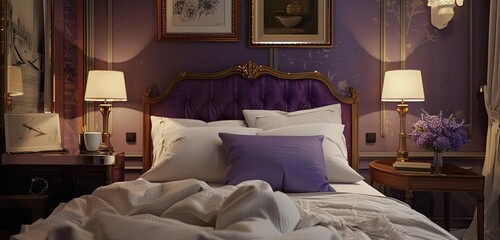 Tranquil bedroom featuring a warm lavender pillow as the centerpiece - obrazy, fototapety, plakaty