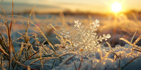 A glass snowflake sits in the center of a snow-covered open field at sunset, bathed in warm sunlight.