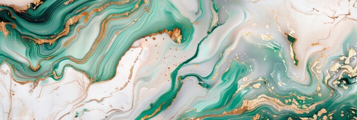 A marble texture, surrounded by golden lines, features a jade green and gold color scheme on a white background. - obrazy, fototapety, plakaty