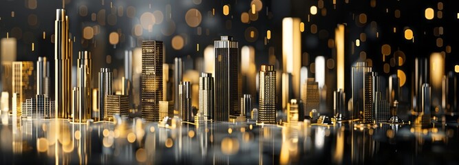 A group of gold and silver vertical bar charts, arranged in the shape of city buildings, is set against a black background.