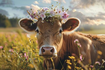 The cow with flowers on its head, wreath of flowers on the muzzle.  - obrazy, fototapety, plakaty