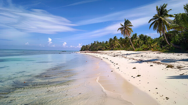 A beautiful exotic beach with palm trees, white sand and blue sea.