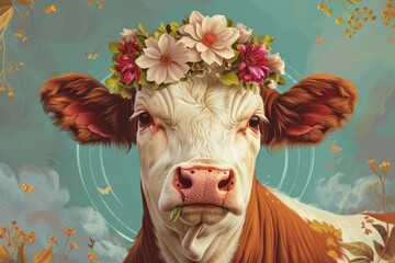 The cow with flowers on its head, wreath of flowers on the muzzle. 
