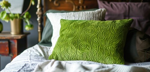Vibrant green pillow as the focal point in a textured bedroom setting - obrazy, fototapety, plakaty