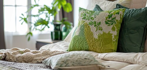 Vibrant green pillow as the focal point in a textured bedroom setting - obrazy, fototapety, plakaty