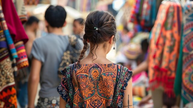 A young woman in a patterned dress back adorned with intricate tattoos haggling with a vendor over the price of a beautiful handmade . .