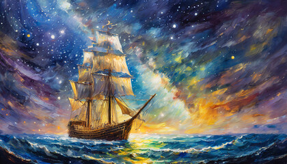 Night sky with the milky way galaxy and a tall sailing ship with the wind in her sails, oil - obrazy, fototapety, plakaty