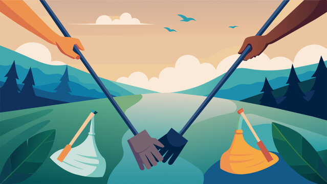 A closeup illustration of hands holding shovels rakes and garbage bags all working together to clean up a polluted river. The water begins to
