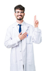 Young professional scientist man wearing white coat over isolated background Swearing with hand on chest and fingers, making a loyalty promise oath