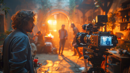 Film set - director, cinematographer and actors working on the cinema, wide angle.