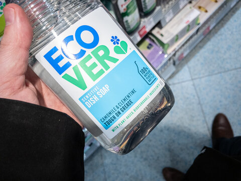 BELGRADE, SERBIA - FEBRUARY 12, 2024: Logo of Ecover on a dishashing liquid dish soap for sale in belgrade. Ecover is a detergent brand specialized in green and organic products.