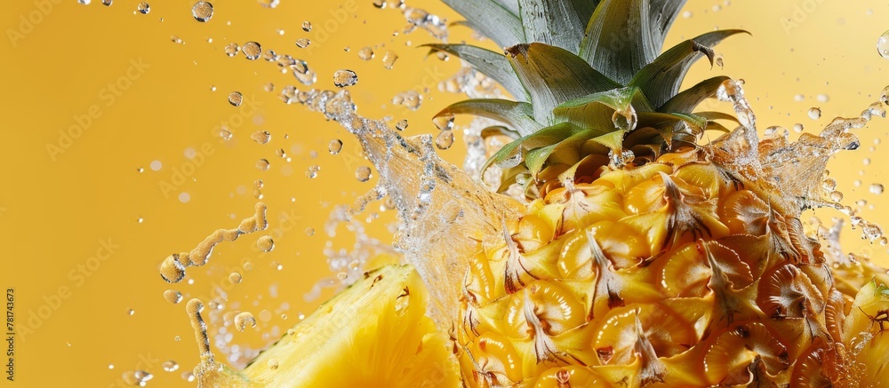 Poster a ripe pineapple is getting splashed by refreshing clear water in a vibrant and dynamic scene
