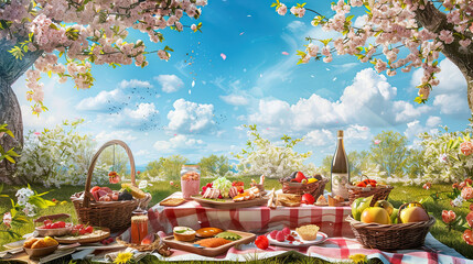 An image depicting a joyful spring picnic scene in a blooming park, with a spread of seasonal delights under a clear blue sky, evoking the leisure and pleasure of springtime outings. - obrazy, fototapety, plakaty