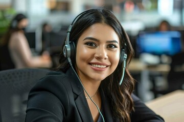 Portrait of Latin American business woman, office worker looking at camera and smiling, using headset and laptop for remote online communication, customer support tech call center, Generative AI