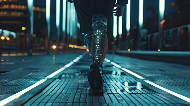 An unrecognizable disabled athlete walks on a lighted walkway with a bionic prosthetic leg that uses robotic technology.
