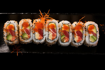 Avocado, salmon, and tuna are all combined in delicious rolls. Generative AI.