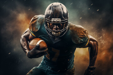 The background features a football player with the ball. Generative AI.
