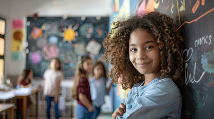 Back view of multicultural student writing prompt at board while skilled girl looking at camera while crossing arm with confident. Group of happy children planning idea by using blackboard. Pedagogy.
