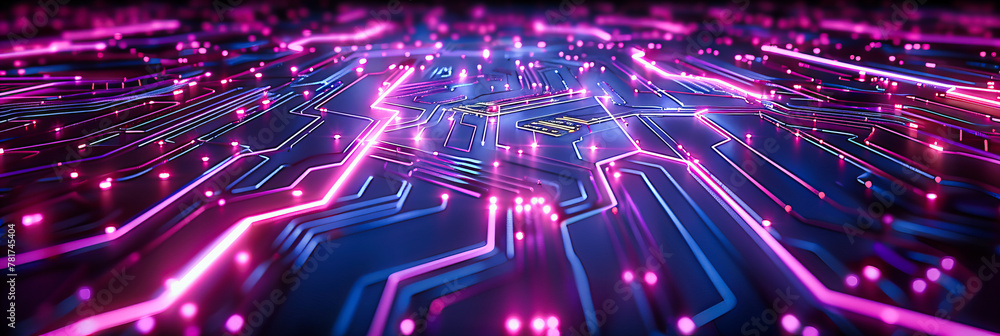 Poster computing and digital technology concept, blue and orange abstract background with circuit design