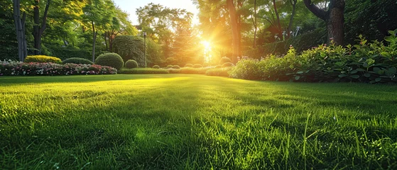 Foto op Aluminium Beautiful manicured lawn and flowerbed with deciduous shrubs on plot or Park outdoor. Green lawn closely mowed grass. © NooPaew