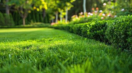 Beautiful manicured lawn and flowerbed with deciduous shrubs on plot or Park outdoor. Green lawn closely mowed grass. - obrazy, fototapety, plakaty