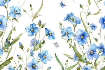 Seamless pattern of forget-me-not. Flowers and butterflies background. Decoration with blooming blue flowers. White background.