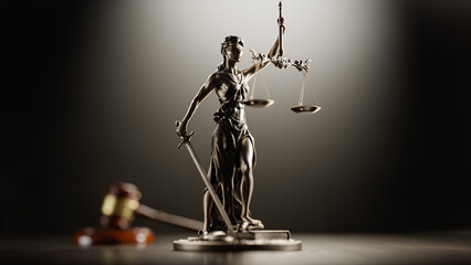 Legal Concept: Themis is the goddess of justice and the judge's gavel hammer as a symbol of law and order - obrazy, fototapety, plakaty