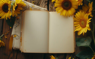 Sunflowers laying next to an open vintage notebook with copy space.