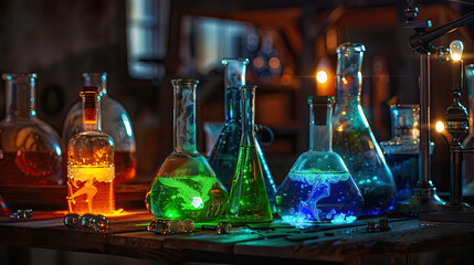 Fantasy laboratory glassware with mysterious green, orange, and blue glowing liquids.