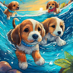 해변에서 수영하는 강아지 - obrazy, fototapety, plakaty