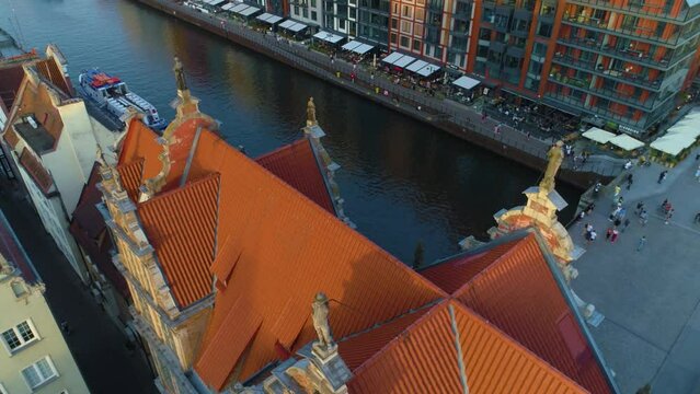 Green Gate Roof Downtown Gdansk Zielona Brama Dach Figury Aerial View Poland
