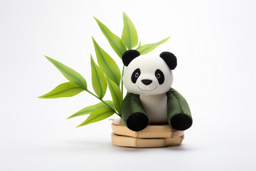 Adorable cartoonish panda toy, with bamboo leaves, against a clean white background, embodying playful innocence and charm.