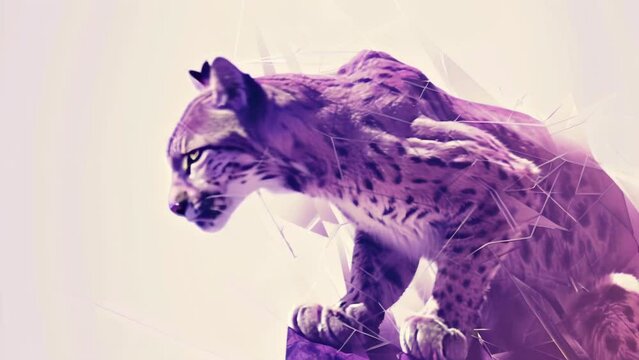 An ocelot with geometric patterns scattered across its body is depicted against a purple background. 