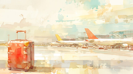 海外旅行のイメージの空港とスーツケースの水彩イラスト